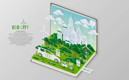 Green eco city and life with pop-up concept. Vector illustration in flat design and isometric paper...