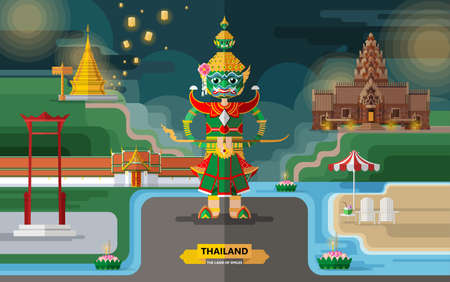 Thailand travel concept The Most Beautiful Places To Visit In Thailand in flat style in flat design color.のイラスト素材