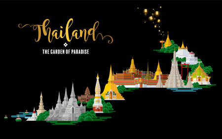 Thailand travel concept The Most Beautiful Places To Visit In Thailand in flat style in flat design color.のイラスト素材