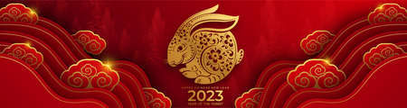 Happy chinese new year 2023 year of the rabbit zodiac sign with flower,lantern,asian elements gold paper cut style on color Background. (Translation : Happy new year)のイラスト素材
