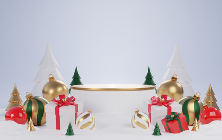 3d rendering Merry Christmas Santa Claus with podium for product display on background color .の写真素材