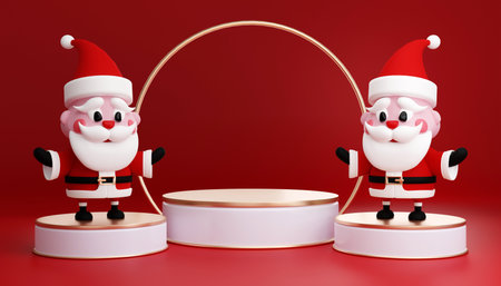 3D render cylinder podium in christmas Santa Claus and christmas tree, gift boxes, ribbon, product, perfume, promotion sale, presentation, cosmetic on background color .の写真素材