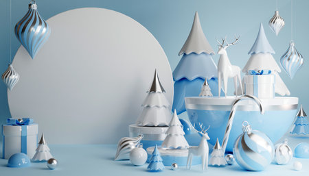 3D render cylinder podium in christmas Santa Claus and christmas tree, gift boxes, ribbon, product, perfume, promotion sale, presentation, cosmetic on background color .の写真素材