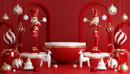 3D render cylinder podium in christmas Santa Claus and christmas tree, gift boxes, ribbon, product, perfume, promotion sale, presentation, cosmetic on background color .の写真素材
