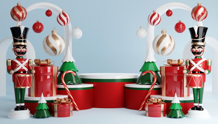 3D render cylinder podium in christmas Santa Claus and christmas tree, gift boxes, ribbon, product,...