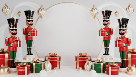 3D render cylinder podium in christmas Santa Claus and christmas tree, gift boxes, ribbon, product,...