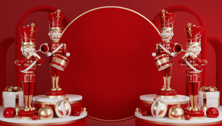 3D render cylinder podium in christmas Santa Claus and christmas tree, gift boxes, ribbon, product, perfume, promotion sale, presentation, cosmetic on background color .の写真素材