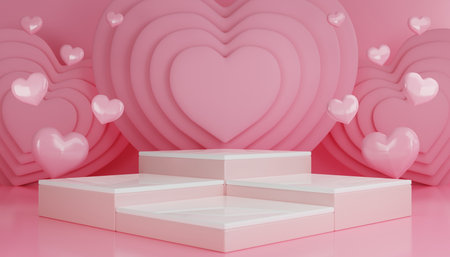 3d render valentine's day with pink podium display for product in love and heart with cylinder podium stand to show cosmetic product on background.の写真素材
