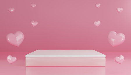3d render valentine's day with pink podium display for product in love and heart with cylinder podium stand to show cosmetic product on background.の写真素材