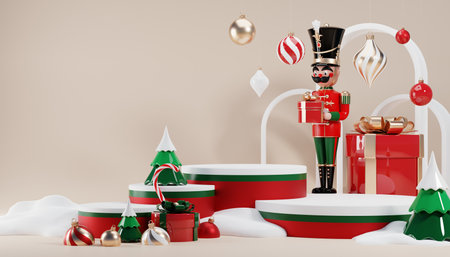 3D render cylinder podium in christmas Santa Claus and christmas tree, gift boxes, ribbon, product,...