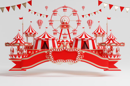 3d amusement park, circus, carnival fair theme podium with many rides and shops circus tent 3d illustrationの写真素材