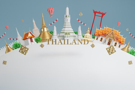 3d The iconic of thailand travel concept the most beautiful places to visit in thailand in 3d illustration, thai architecture and tradition heritage.の写真素材