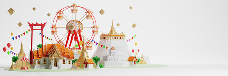 3d Songkran festival background in thailand water festival 3d with with blue water splash,thai architecture. ( Translation thai : Songkran Thailand )の写真素材