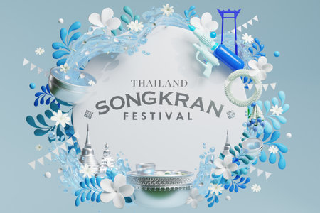 3d Songkran festival background in thailand water festival 3d with with blue water splash,thai architecture. ( Translation thai : Songkran Thailand )の写真素材