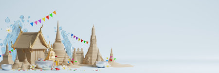 3d Songkran festival background in thailand water festival 3d with with blue water splash,thai architecture. ( Translation thai : Songkran Thailand )の写真素材