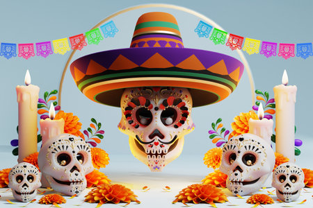 3D rendering for Day of the Dead, Dia de muertos altar concept. Composition of cute sugar skulls, white candles, marigold flowers of the dead. 3d illustrationの写真素材