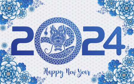 Happy chinese new year 2024 the dragon zodiac sign with flower,lantern,asian elements gold paper cut style on color background. ( Translation : happy new year 2024 year of the dragon )のイラスト素材