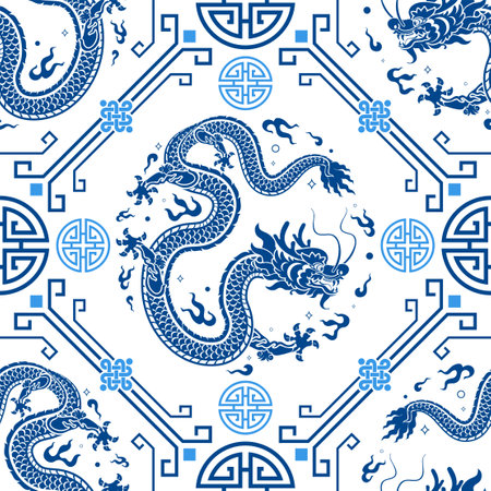 Seamless pattern happy chinese new year 2024 the dragon zodiac sign with asian elements paper cut style on color background. ( Translation : happy new year 2024 year of the dragon )のイラスト素材