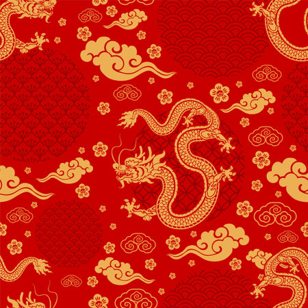 Seamless pattern happy chinese new year 2024 the dragon zodiac sign with asian elements paper cut style on color background. ( Translation : happy new year 2024 year of the dragon )のイラスト素材