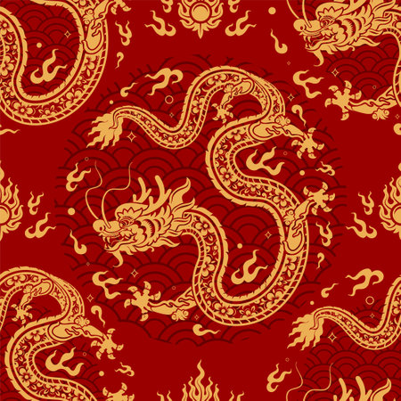 Seamless pattern happy chinese new year 2024 the dragon zodiac sign with asian elements paper cut style on color background. ( Translation : happy new year 2024 year of the dragon )のイラスト素材