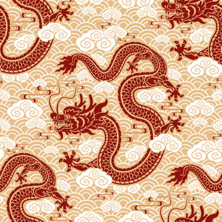 Seamless pattern happy chinese new year 2024 the dragon zodiac sign with asian elements paper cut style on color background. ( Translation : happy new year 2024 year of the dragon )のイラスト素材