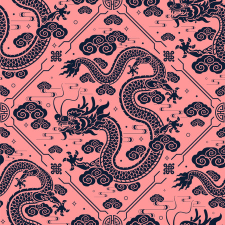 Seamless pattern happy chinese new year 2024 the dragon zodiac sign with asian elements paper cut style on color background. ( Translation : happy new year 2024 year of the dragon )のイラスト素材