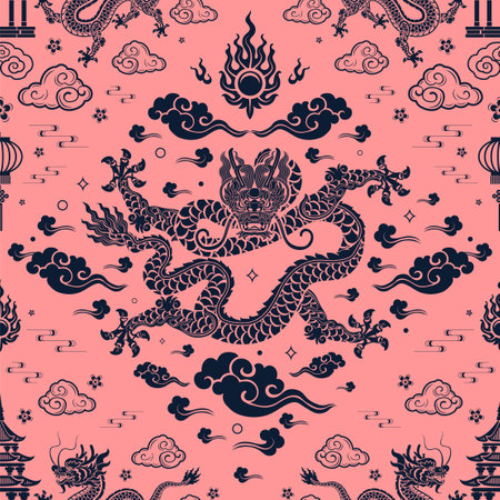 Seamless pattern happy chinese new year 2024 the dragon zodiac sign with asian elements paper cut...