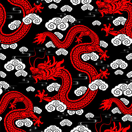 Seamless pattern happy chinese new year 2024 the dragon zodiac sign with asian elements paper cut style on color background. ( Translation : happy new year 2024 year of the dragon )のイラスト素材