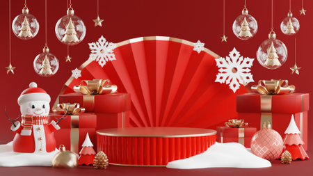 3d rendering illustration podium winter christmas festival with christmas tree,santa claus,gift boxes, ribbon,ball,snow,product, promotion sale, presentation pedestal 3d rendering on background color.の写真素材