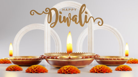 3D rendering for diwali festival Diwali, Deepavali or Dipavali the festival of lights india with gold diya on podium, patterned and crystals on color Background.の写真素材