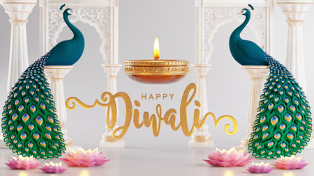 3D rendering for diwali festival Diwali, Deepavali or Dipavali the festival of lights india with gold diya on podium, patterned and crystals on color Background.の写真素材