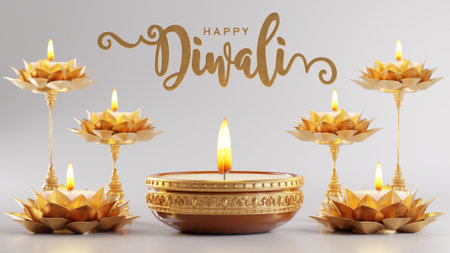 3D rendering for diwali festival Diwali, Deepavali or Dipavali the festival of lights india with gold diya on podium, patterned and crystals on color Background.の写真素材