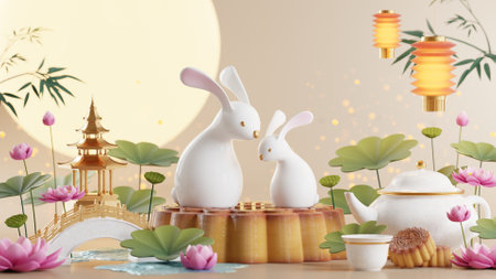 3D rendering for mid autumn festival holiday or chinese new year, chinese festivals with,lanterns, flower, moon, rabbit ,mooncake,tea pot and asian elements on background.の写真素材