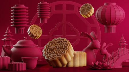 3D rendering for mid autumn festival holiday or chinese new year, chinese festivals with,lanterns, flower, moon, rabbit ,mooncake,tea pot and asian elements on background.の写真素材