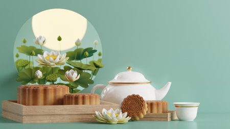 3D rendering for mid autumn festival holiday or chinese new year, chinese festivals with,lanterns, flower, moon, rabbit ,mooncake,tea pot and asian elements on background.の写真素材