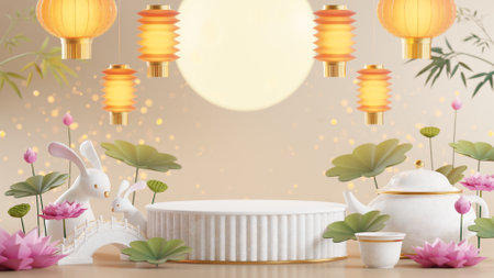 3D rendering podium for mid autumn festival holiday or chinese new year, chinese festivals with,lanterns, flower, moon, rabbit ,mooncake,tea pot and asian elements on background.の写真素材