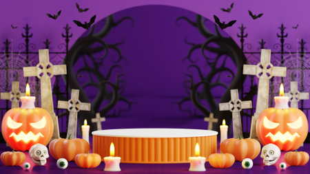 3d rendering illustration design podium for halloween banner with pumpkin,crucifix, skull, candle, candy, givebox ,grave on background.の写真素材