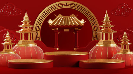 3d rendering illustration for happy chinese new year 2024 the dragon zodiac sign with flower, lantern, asian elements, red and gold on background. ( Translation :  year of the dragon 2024 )の写真素材