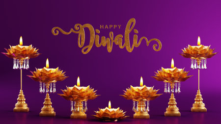 3D rendering for diwali festival Diwali, Deepavali or Dipavali the festival of lights india with gold diya patterned on color Background.の写真素材