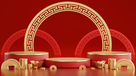 3d rendering illustration of podium round stage podium and paper art chinese new year, chinese...
