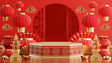 3d rendering illustration of podium round stage podium and paper art chinese new year, chinese festivals, mid autumn festival , red and gold ,flower and asian elements  on background.の写真素材