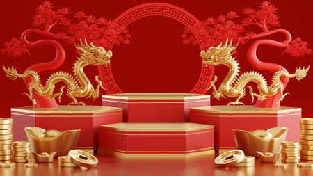 3d rendering illustration of podium round stage podium and paper art chinese new year, chinese festivals, mid autumn festival , red and gold ,flower and asian elements  on background.の写真素材
