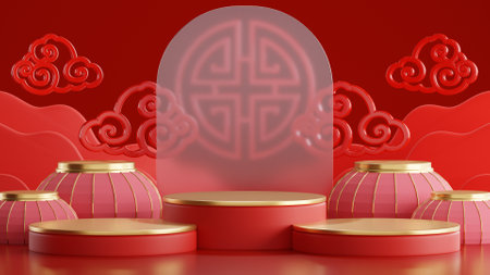 3d rendering illustration of podium round stage podium and paper art chinese new year, chinese festivals, mid autumn festival , red and gold ,flower and asian elements  on background.の写真素材