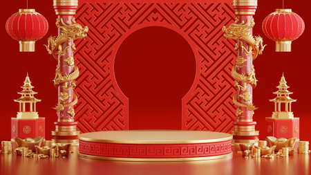 3d rendering illustration of podium round stage podium and paper art chinese new year, chinese festivals, mid autumn festival , red and gold ,flower and asian elements  on background.の写真素材