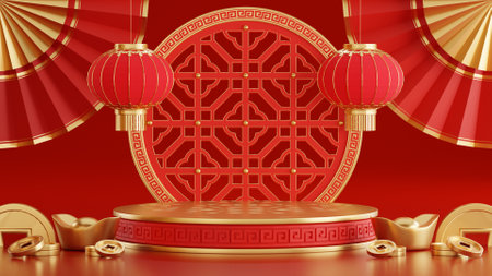 3d rendering illustration of podium round stage podium and paper art chinese new year, chinese festivals, mid autumn festival , red and gold ,flower and asian elements  on background.の写真素材