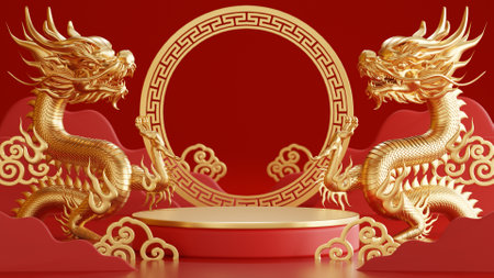 3d rendering illustration of podium round stage podium and paper art chinese new year, chinese festivals, mid autumn festival , red and gold ,flower and asian elements  on background.の写真素材