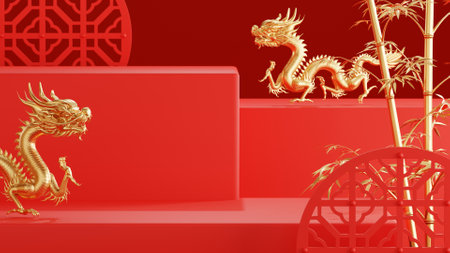 3d rendering illustration of podium round stage podium and paper art chinese new year, chinese festivals, mid autumn festival , red and gold ,flower and asian elements  on background.の写真素材