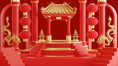 3d rendering illustration of podium round stage podium and paper art chinese new year, chinese festivals, mid autumn festival , red and gold ,flower and asian elements  on background.の写真素材