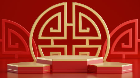 3d rendering illustration of podium round stage podium and paper art chinese new year, chinese festivals, mid autumn festival , red and gold ,flower and asian elements  on background.の写真素材