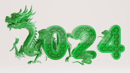 3d rendering illustration for happy chinese new year 2024 the dragon zodiac sign with flower,...